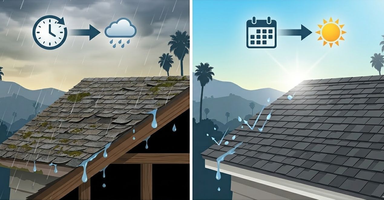 A split-screen comparison: leaky, storm-damaged roof vs new, sunny roof.